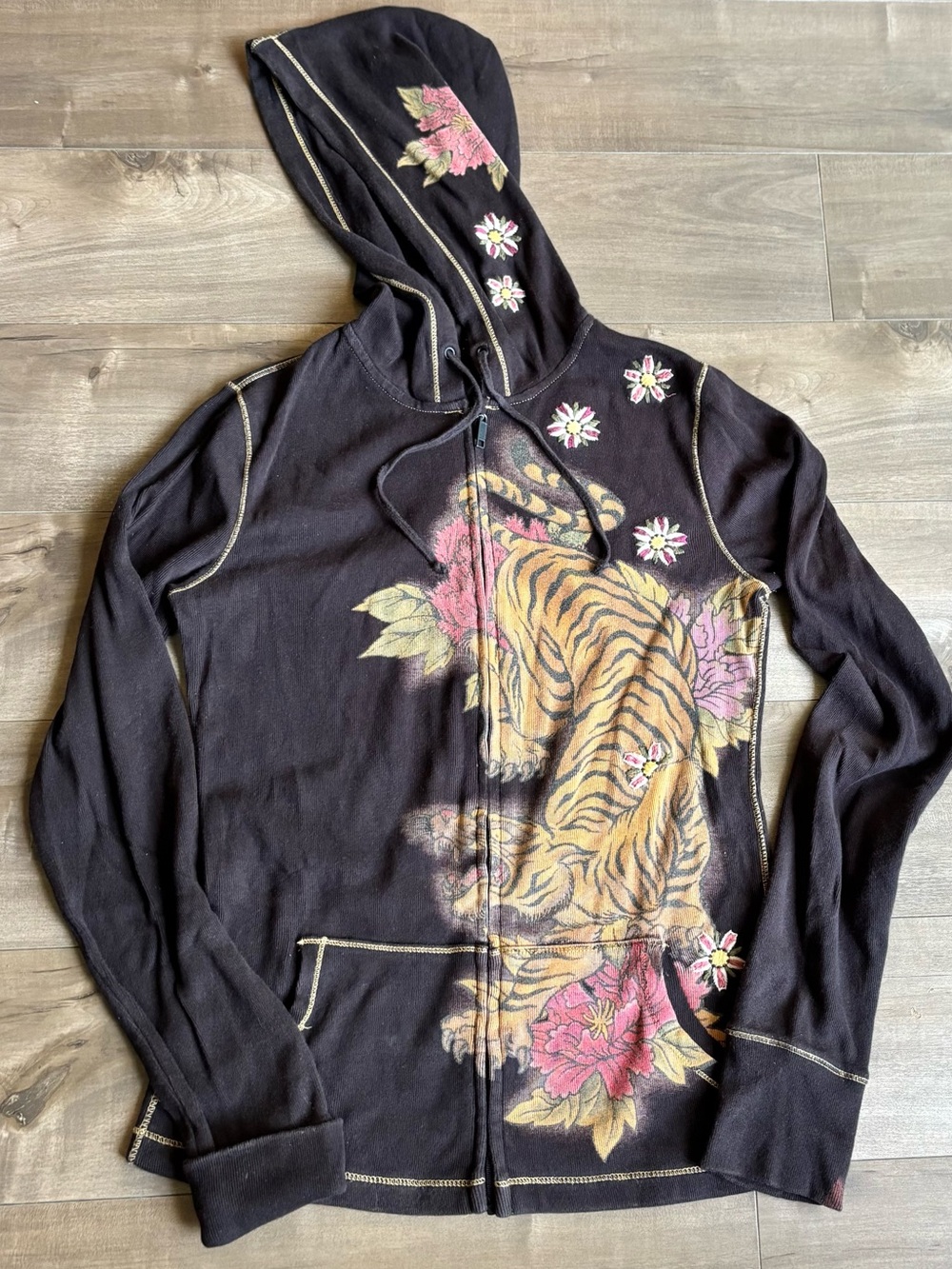 VINTAGE Y2K Lucky Brand Tattoo Tiger Peony Full Zip Hoodie Rare Streetwear